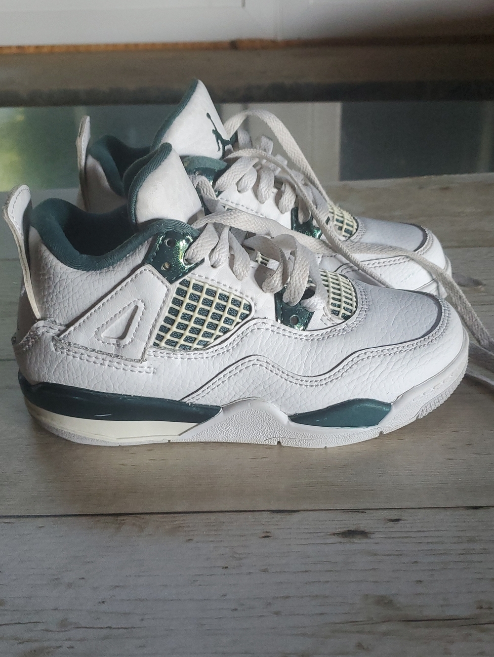 White & Dark Green Air Jordans - Kids Shoes